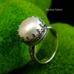 baśniowy pierścien z białą perłą,elficki,ozdobny - Pierścionki - Biżuteria