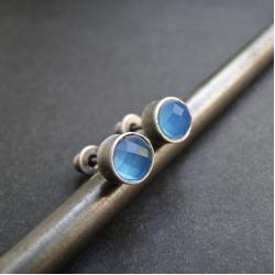 niebieskie kolczyki srebro,agat,sztyfty,surowe - Kolczyki - Biżuteria