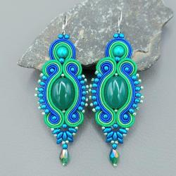 zielono niebieskie kolczyki sutasz z agatem - Kolczyki - Biżuteria