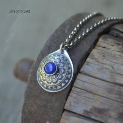 srebrna mandala,lapis lazuli, - Naszyjniki - Biżuteria