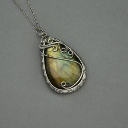 wisiorek,labradoryt,oryginalny,wire wrapping - Wisiory - Biżuteria