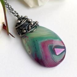 zielono-fioletowy agat,naszyjnik,wire wrapping - Naszyjniki - Biżuteria