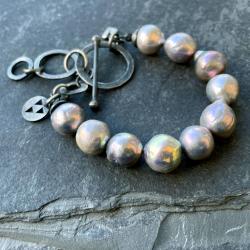 surowa srebrna bransoletka z różowymi perłami - Bransoletki - Biżuteria