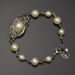 bransoletka,regulowana,perła,perły,wire wrapping - Bransoletki - Biżuteria
