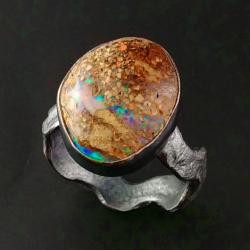 opal boulder,naturalny,surowy pierścień ze srebra - Pierścionki - Biżuteria