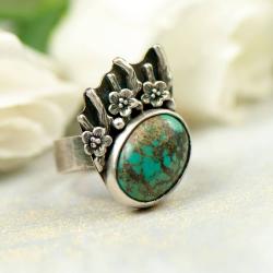 pierścionek z turkusem,srebrny pierścień,kwiaty - Pierścionki - Biżuteria
