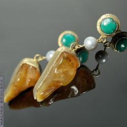 Bursztyn,perła,turkus, - Komplety - Biżuteria