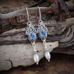 srebrne,kolczyki,z kyanitem i perłami - Kolczyki - Biżuteria