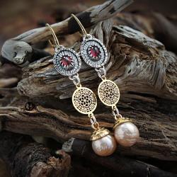 srebrne,kolczyki,z rodolitem i perłami,artystyczne - Kolczyki - Biżuteria