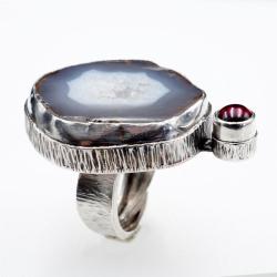 Srebrny pierścionek z agatem i granatem - Pierścionki - Biżuteria