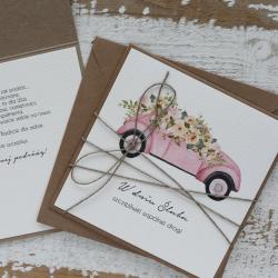kartka ślubna z różowym autem,kartka na ślub - Kartki okolicznościowe - Akcesoria
