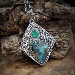 srebrny,wisior,z zielonym kamieniem,z opalem - Naszyjniki - Biżuteria