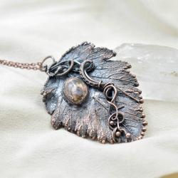 naszyjnik liść,miedziana biżuteria,kamień,prezent - Naszyjniki - Biżuteria