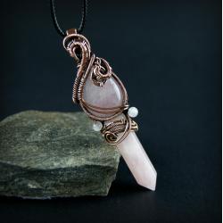 wire wrapping,miedziany wisior,różowy kwarc - Wisiory - Biżuteria