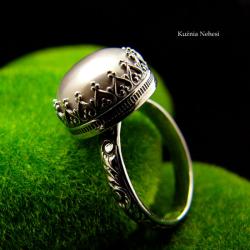 pierścień bogaty,barokowy,zdobiony z perłą,srebro - Pierścionki - Biżuteria