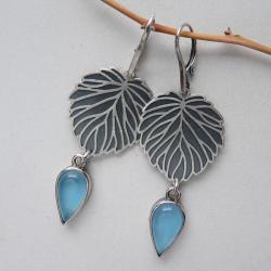 długie kolczyki,z niebieskim agatem,liście - Kolczyki - Biżuteria