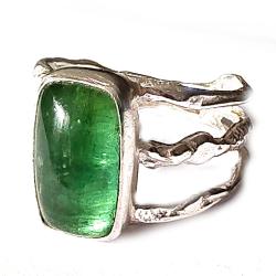 turmalin,zielony blask,surowy,srebrny,srebro - Pierścionki - Biżuteria