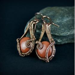 wire wrapping,wiszące kolczyki,piasek pustyni - Kolczyki - Biżuteria