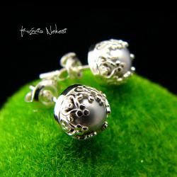 koronkowe kolczyki wkrętki,srebrne,z perełkami - Kolczyki - Biżuteria