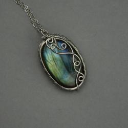 wisiorek,labradoryt,oryginalny,wire wrapping - Wisiory - Biżuteria