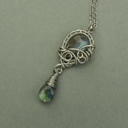 długi wisiorek,labradoryt,wire wrapping - Wisiory - Biżuteria